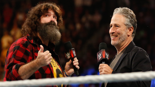 NEW YORK, NY - AUGUST 23:  Mick Foley talks to WWE SummerSlam Host Jon at Barclays Center of Brooklyn on August 23, 2015 in New York City.  (Photo by JP Yim/Getty Images)