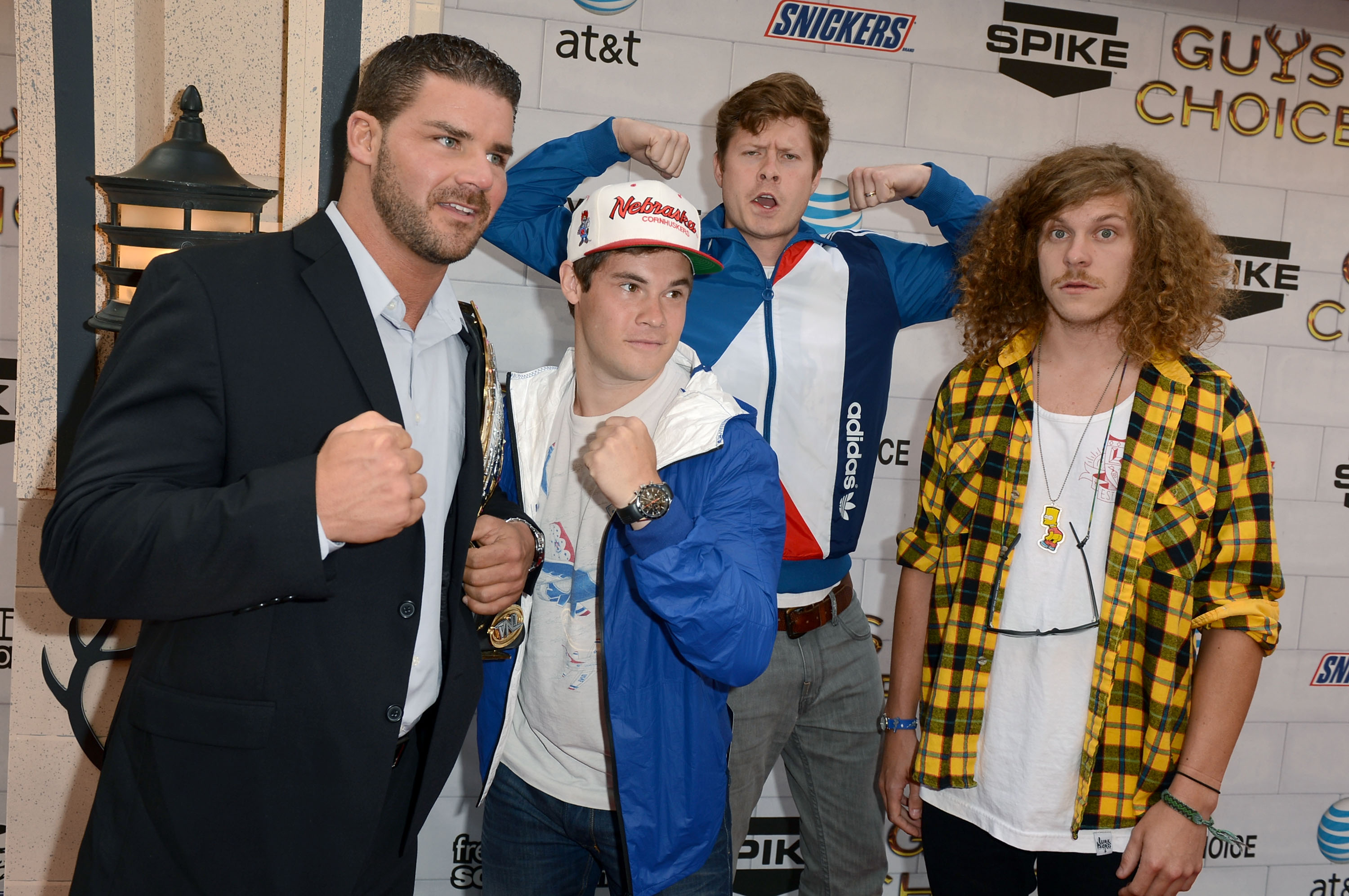 CULVER CITY, CA - JUNE 02:  (L-R) Professional wrestler Bobby Roode with actors Adam DeVine, Anders Holm, and Blake Anderson arrive at Spike TV's 6th Annual 