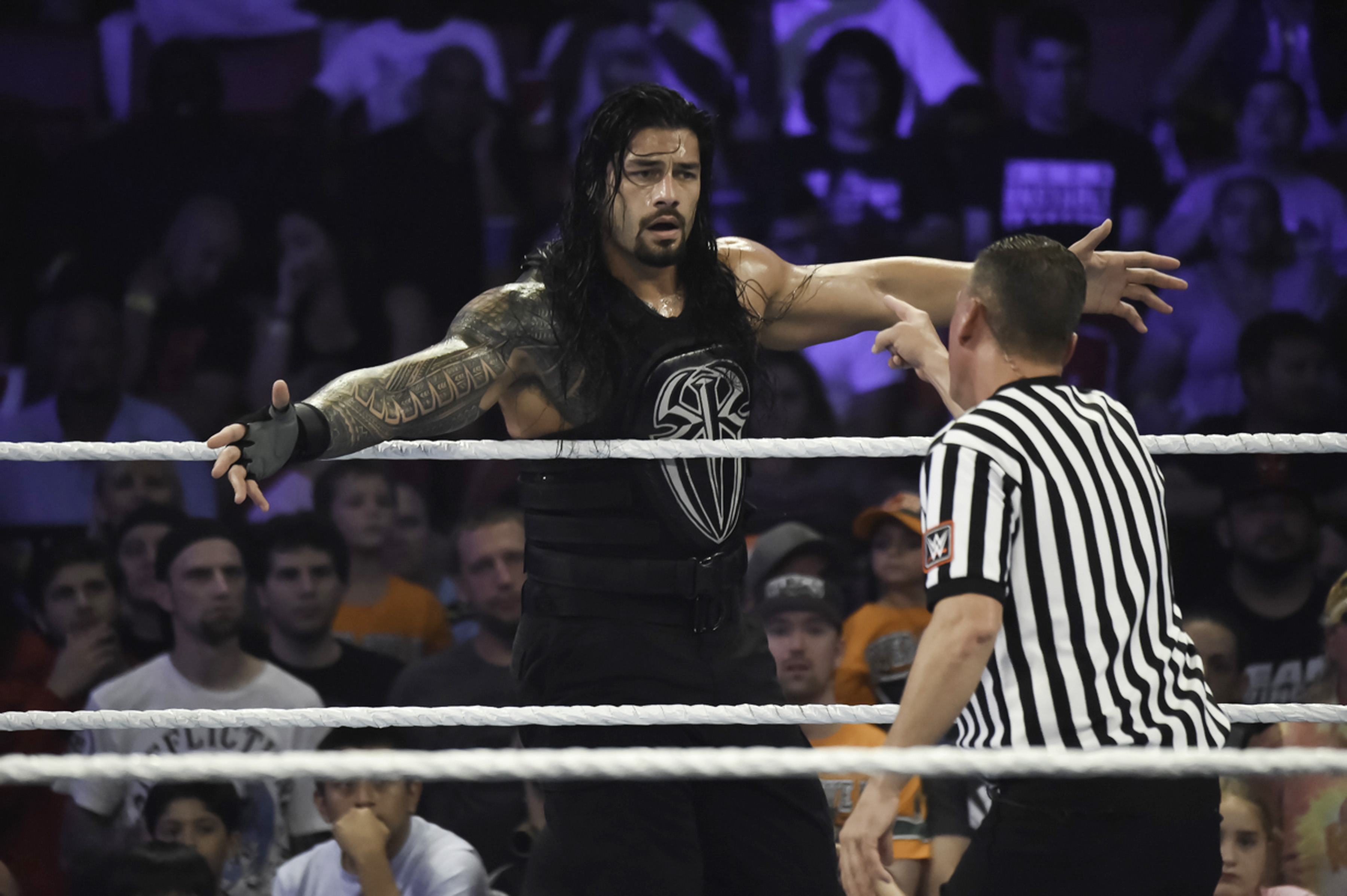 MIAMI, FL- SEPTEMBER 01: Roman Reigns reacts during the WWE Smackdown on September 1, 2015 at the American Airlines Arena in Miami, Florida. (Photo by Ron ElkmanSports Imagery/Getty Images)