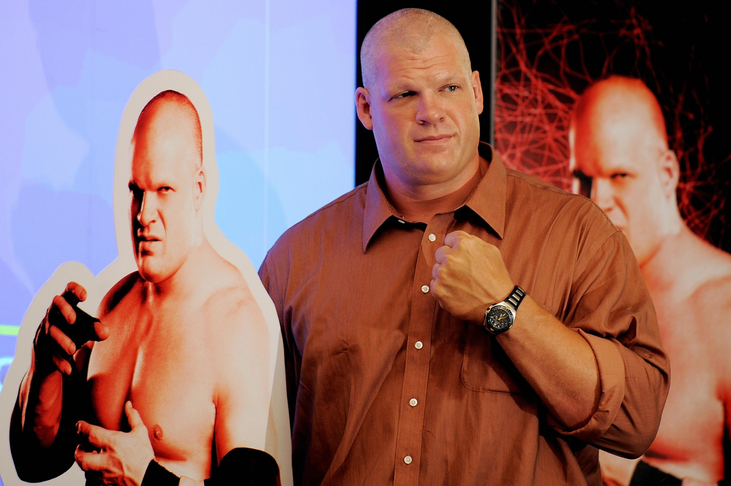 World Wrestling Entertainment (WWE) wrestler Kane poses during a promotional event in New Delhi on June 10, 2009. WWE's business focus is on professional wrestling, a simulated sport and performing art which combines wrestling with theater. Kane is currently on the largest professional wrestling promotion tour in the world, which offers an extensive video library of professional wrestling history. AFP PHOTO/ MANAN VATSYAYANA (Photo credit should read MANAN VATSYAYANA/AFP/Getty Images)