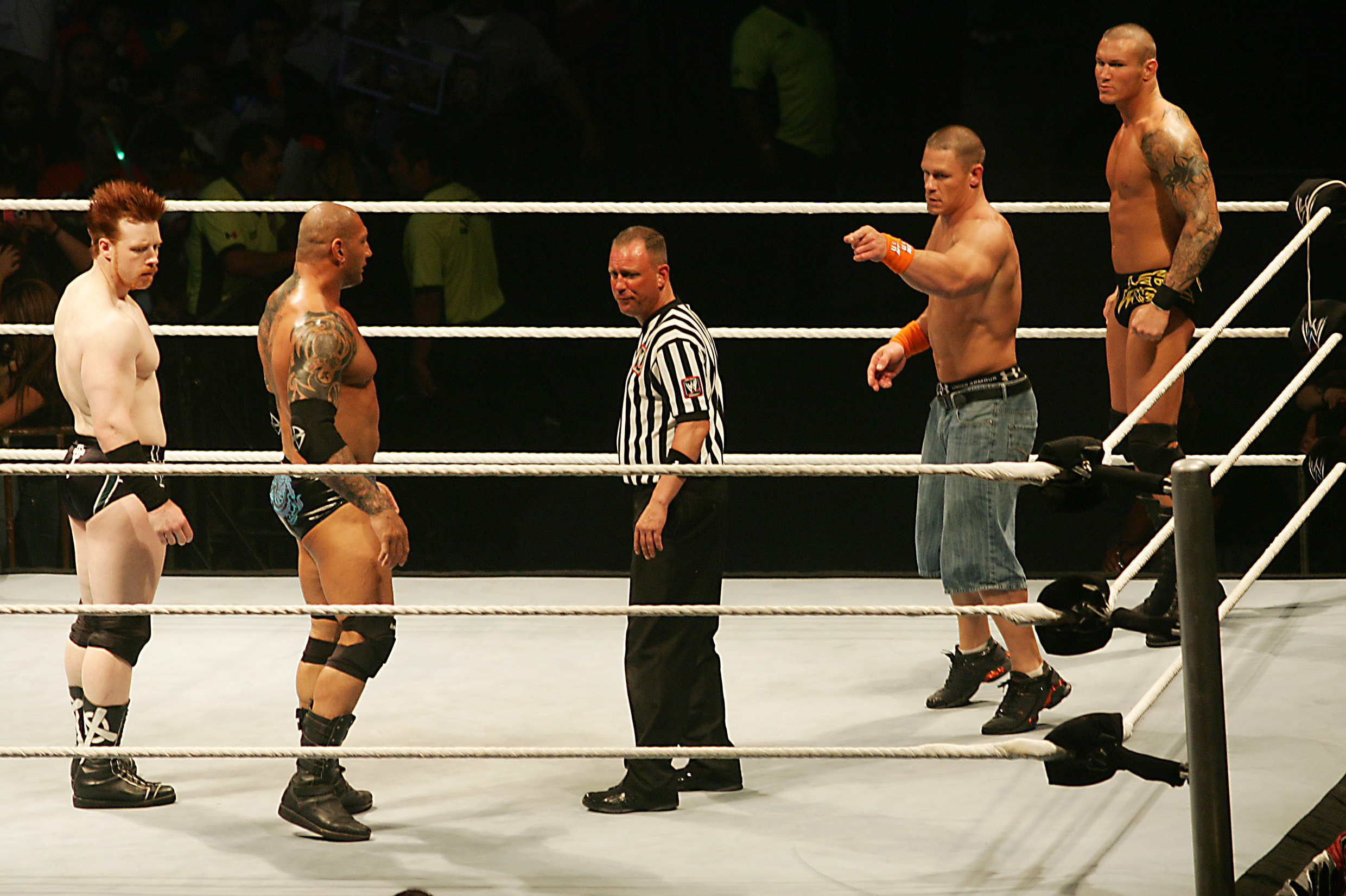 MONTERREY, MEXICO - MAY 05: Wrestling fighters (L-R) Sheamus, Batista, John Cena and Batista fight during the WWE RAW wrestling function on May 5, 2010 in Monterrey, Mexico. (Photo by Alfredo Lopez/Jam Media/LatinContent/Getty Images)